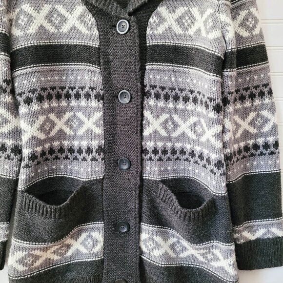 Nicole Miller Cardigan Sweater Size M Gray Fairisle Grandpa Sweater Pockets - Picture 3 of 9
